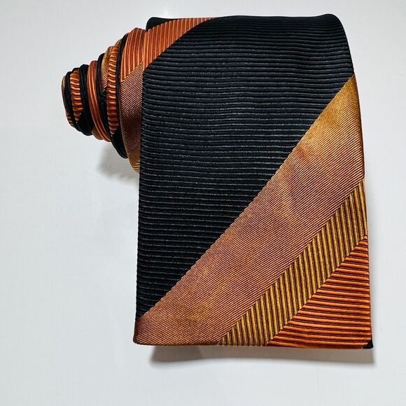Rare Alexander Shields Orange/Black/Gold Flat End Repp Silk Tie 54x3” NWOT - Picture 1 of 10